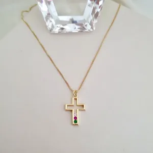 Colar cruz com 3 zircônias coloridas
