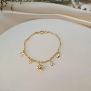 Pulseira infantil pingente coração lua e estrela