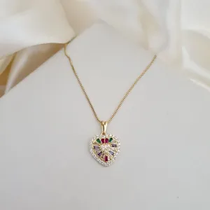 Colar pingente coração com zircônias coloridas