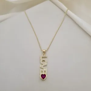 Colar pingente LOVE cravejazo e coracão zircônia rosa
