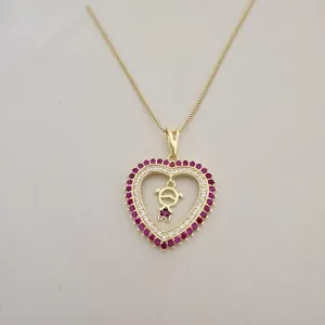 Colar pingente coraçao menina zirconia rosa