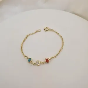 Pulseira infantil 3 coracoes cristais coloridos