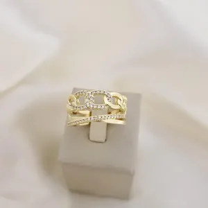 Anel duplo elo corrente e aro trançado com zirconias
