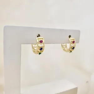 Brinco argola click coraçao zirconias coloridas
