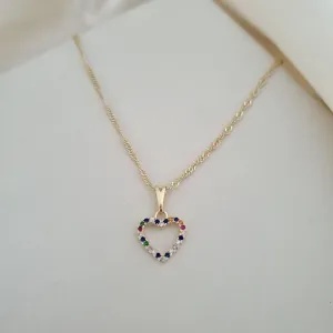 Colar pingente coracao cravejado zirconias coloridas