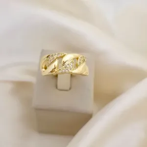 Anel largo elo corrente cravejado zirconia