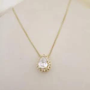 Colar pingente gota zirconia e contorno cravejado zirconias