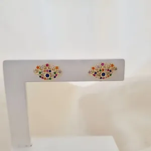 Brinco olho grego cravejado zirconias coloridas
