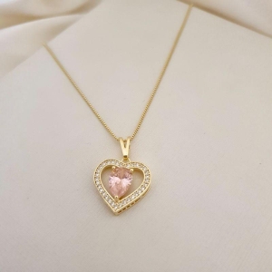 Colar coração zirconia gota rosa