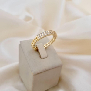 Anel aro elos corrente e 2 fileiras cravejadas zirconia