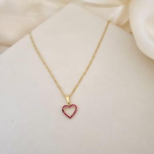 Colar pingente coracao zirconia rosa