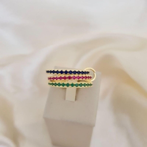 Anel triplo aparador zirconia verde, azul e rosa