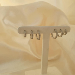 Brinco ródio  trio argola click 2 fileiras zirconia
