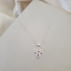 Colar prata pingente menina zirconia rosa