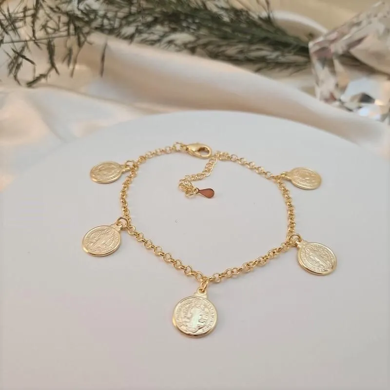 Pulseira elo português e medalha São Bento
