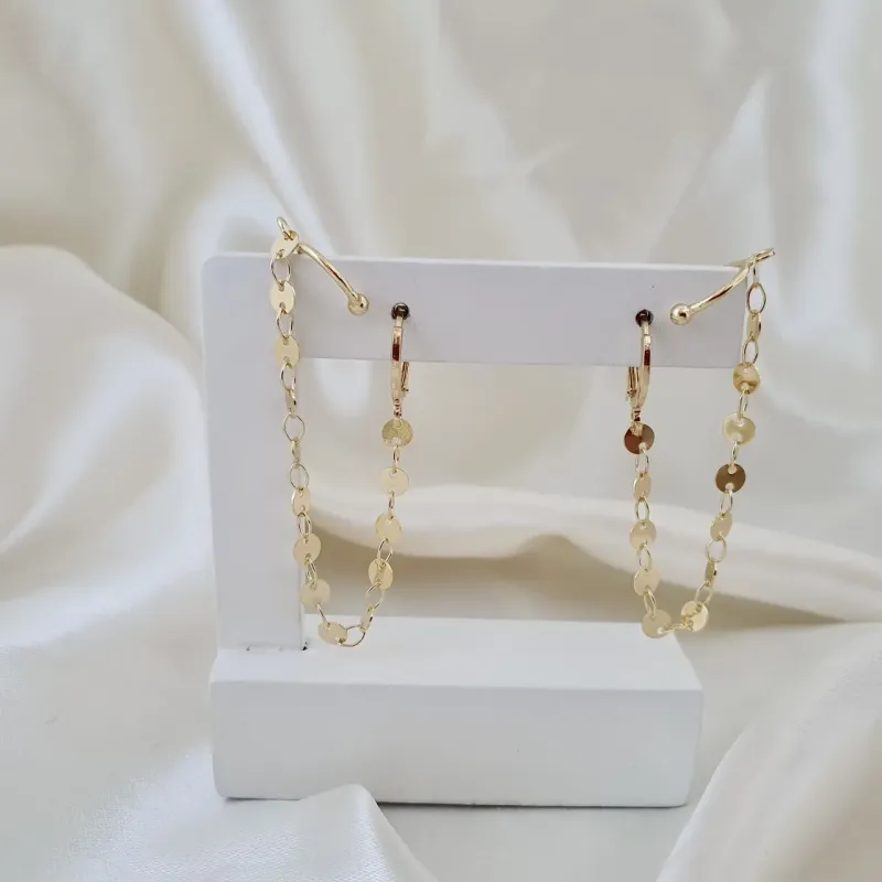 Brinco argola com corrente e piercing fake
