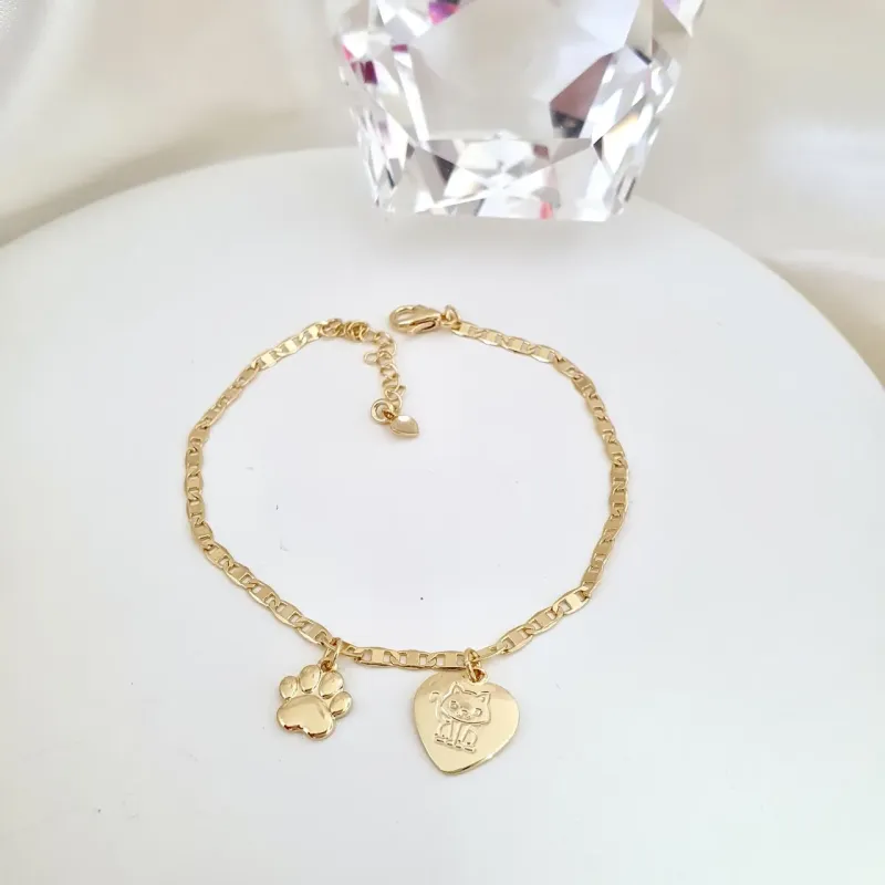 Pulseira coração gato e patinha