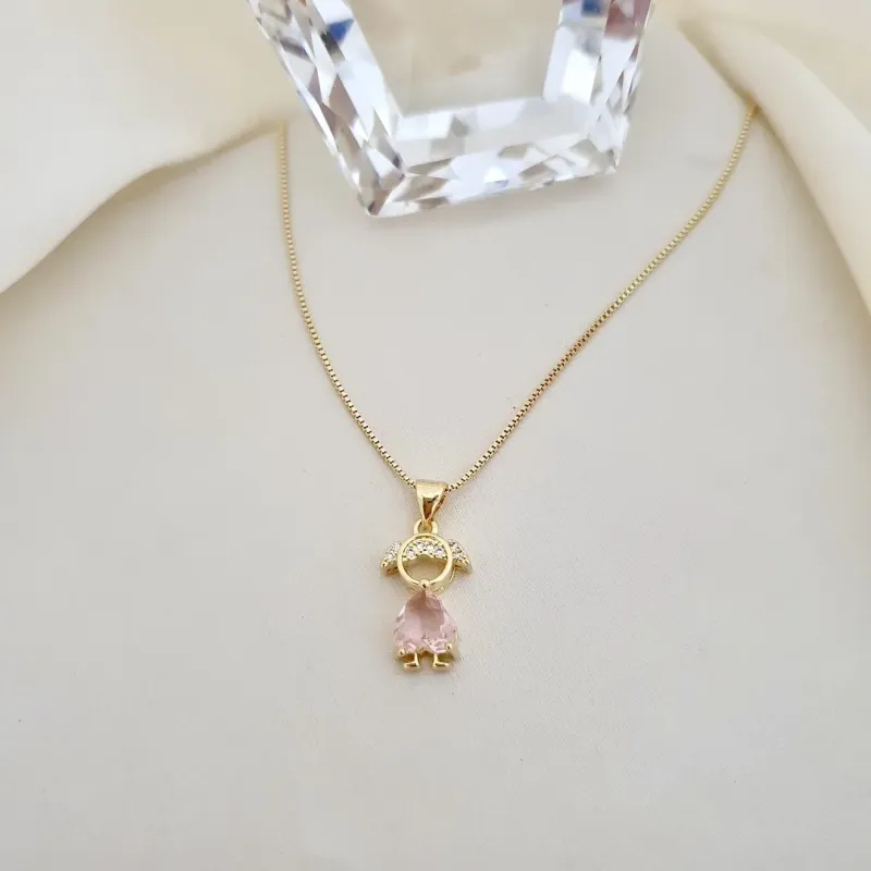 Colar com pingente menina zircônia rosa (filha)