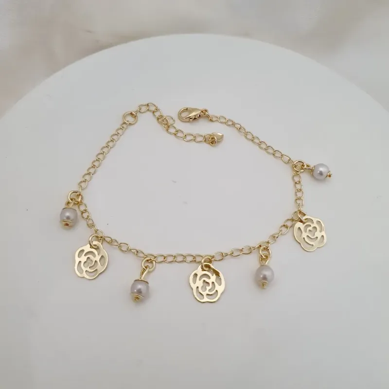 Pulseira flor rosa e pérola