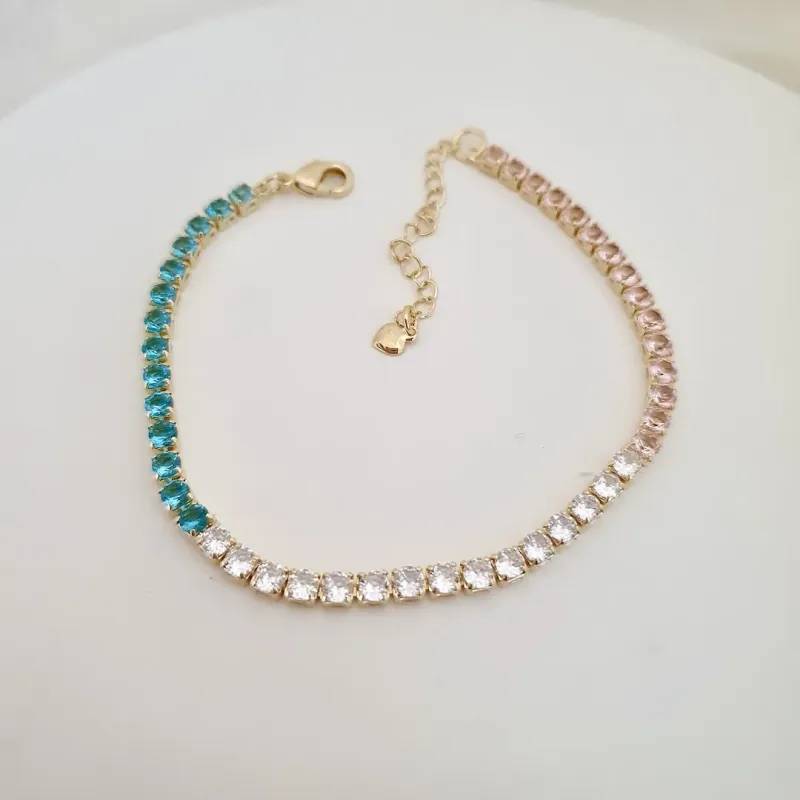 Pulseira riviera zircônias coloridas (azul, rosa e cristal)