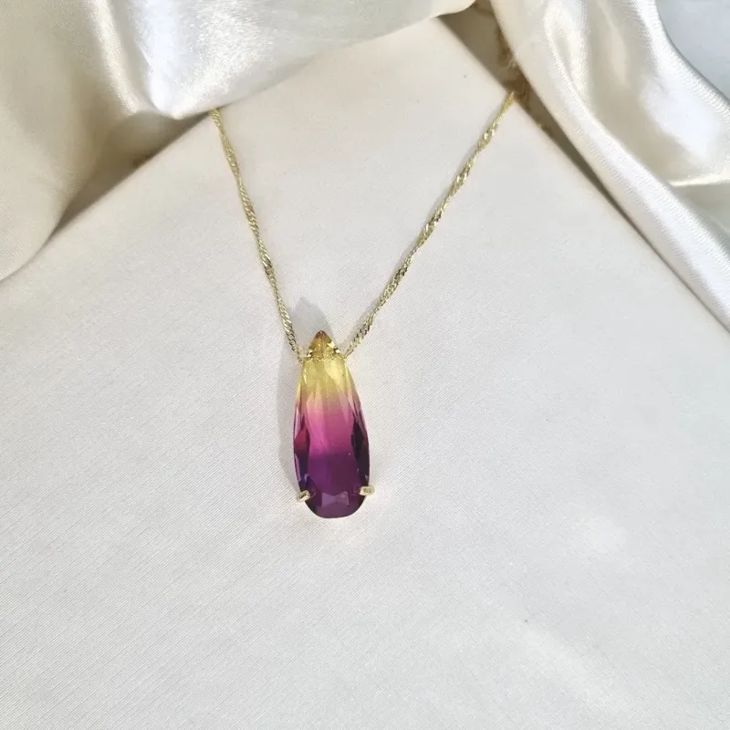 Colar pingente gota  Zircônia rainbow roxo e amarelo