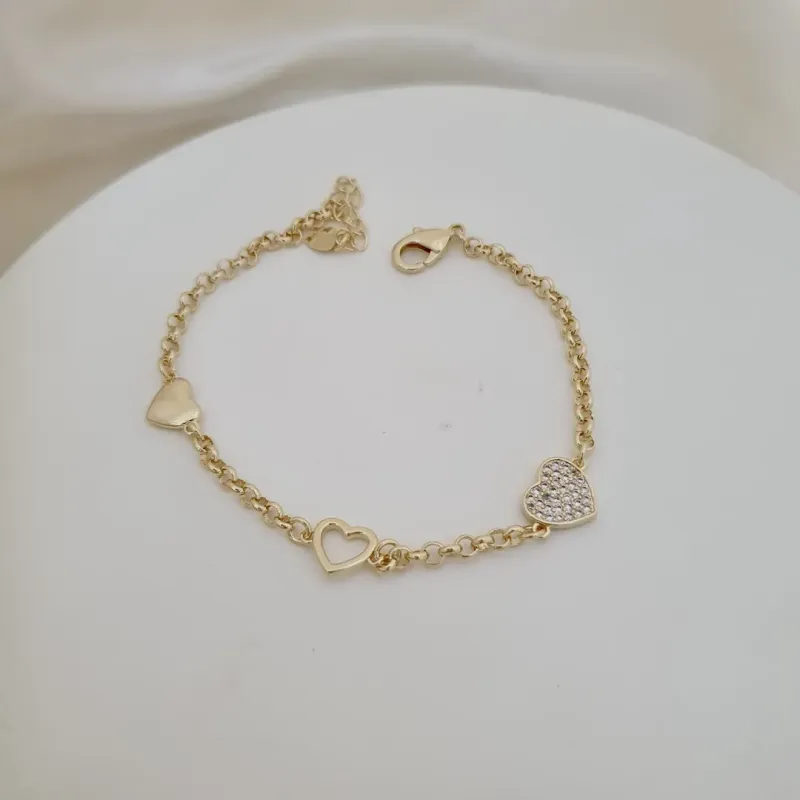 Pulseira corações (sólido, vazado e cravejado em zircônia)