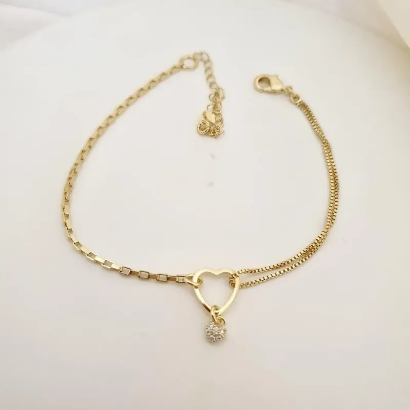 Pulseira coraçao com pingente cravejado zirconia veneziana