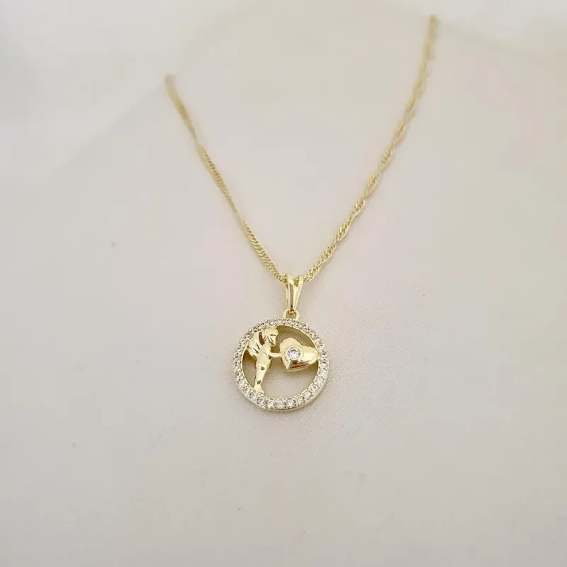 Colar pingente anjo coraçao com zirconias