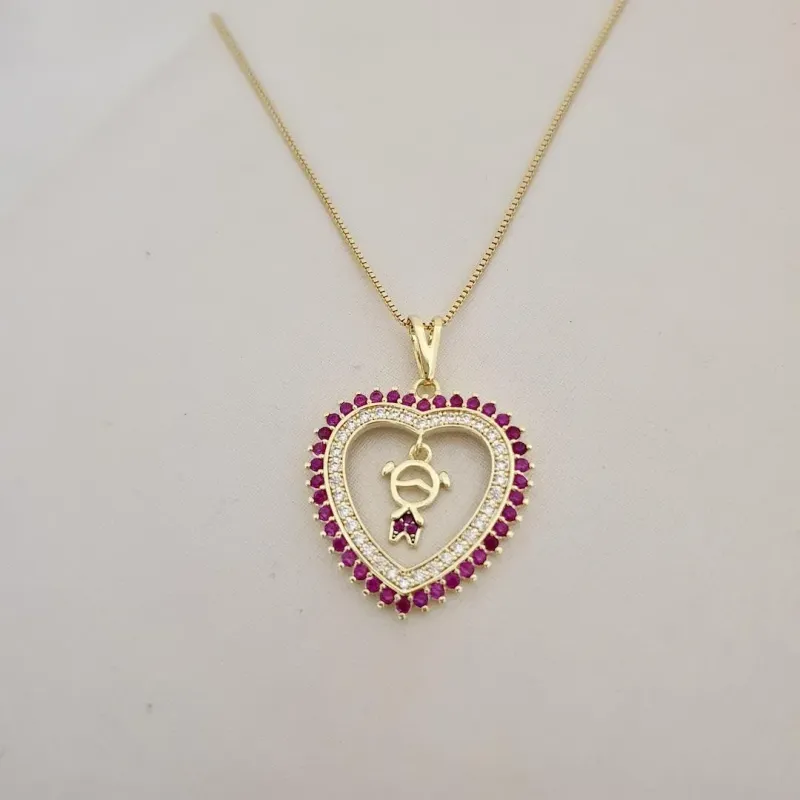 Colar pingente coraçao menina zirconia rosa