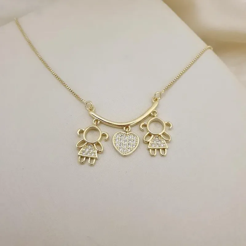 Colar canga 2 meninas e um coracao cravejados de zirconia