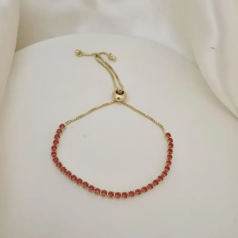 Pulseira gravatinha riviera zirconia rosa redonda