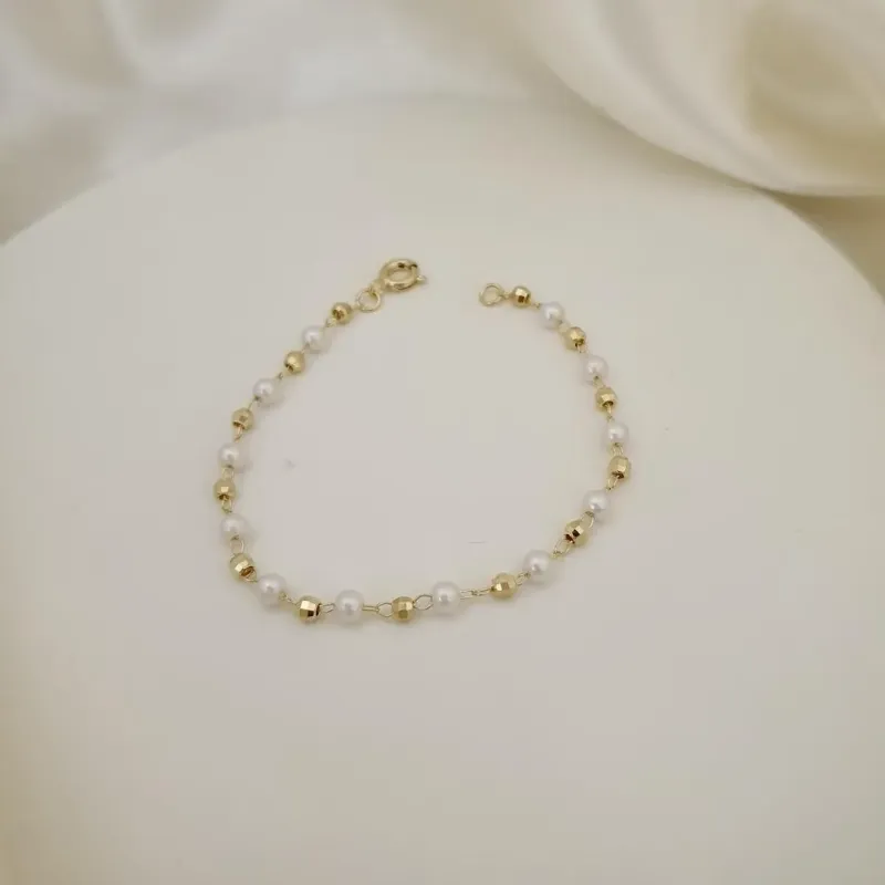 Pulseira infantil perola e bolinha diamantada