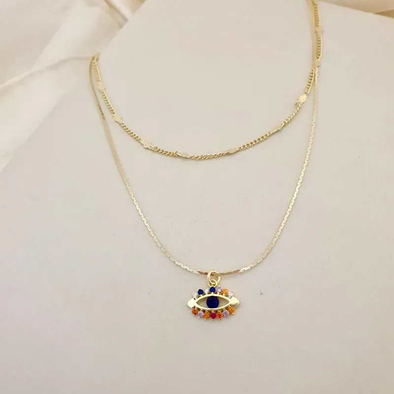 Colar duplo olho grego zirconias coloridas