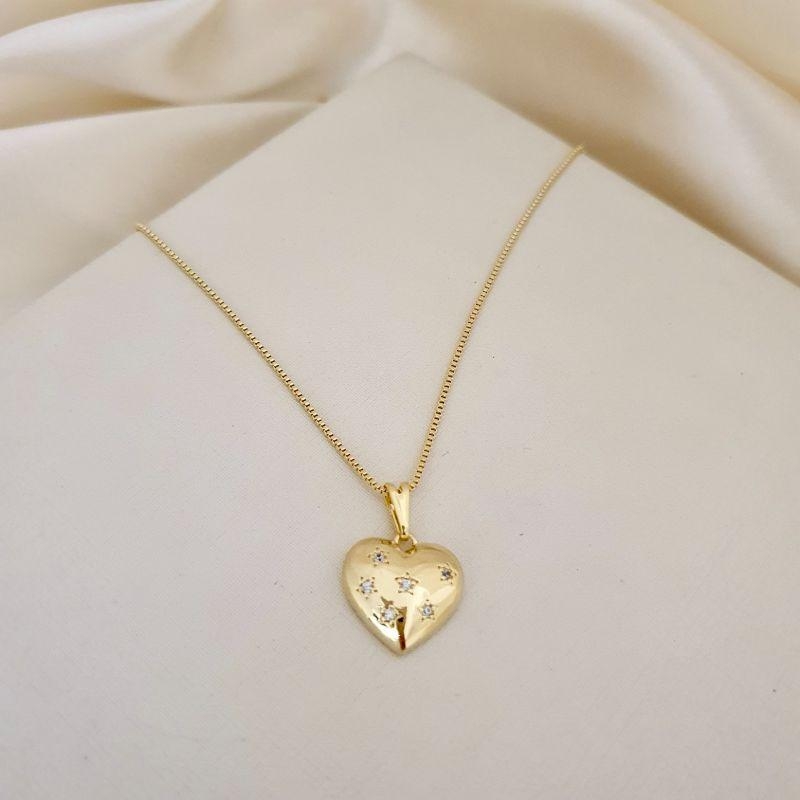 Colar pingente coracao com estrelas zirconia