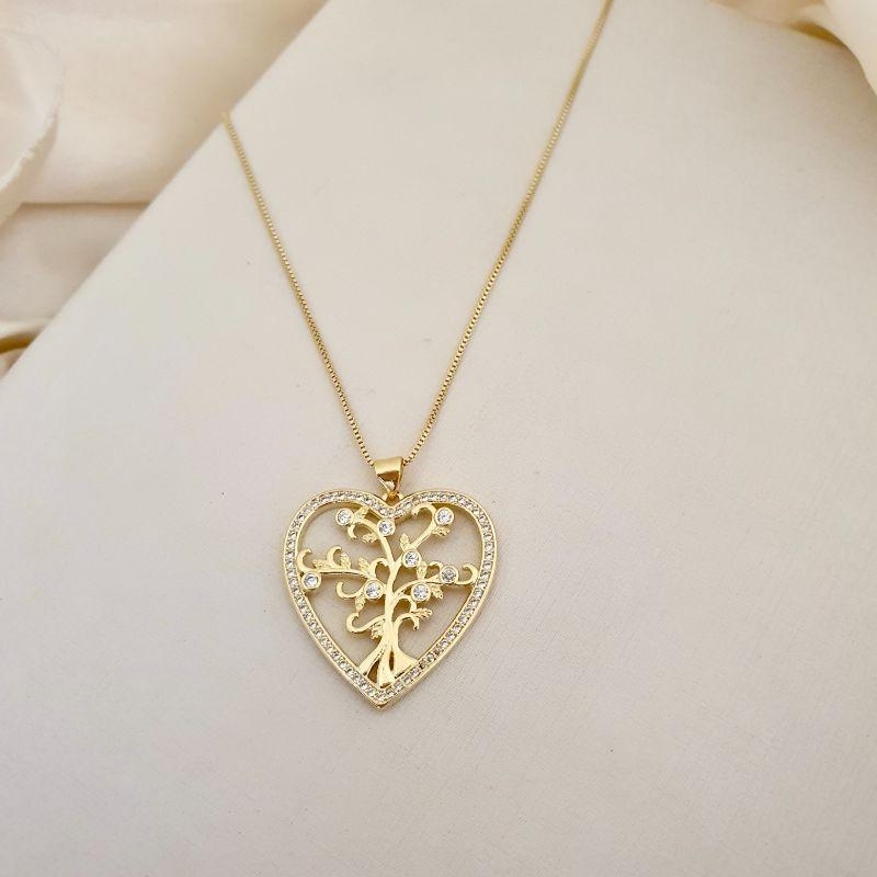 Colar pingente coração arvore da vida zirconia