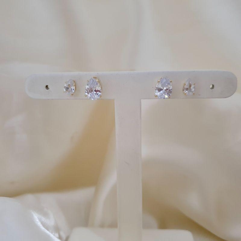 Brinco dupla zirconia gota cor cristal