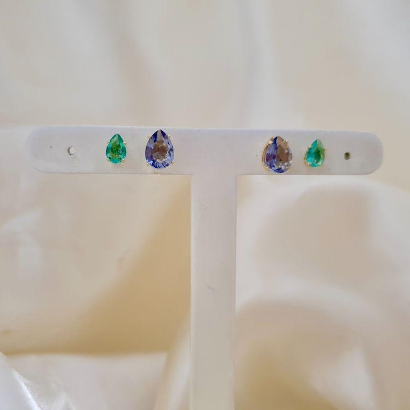 Brinco dupla zirconia gota verde e lilás