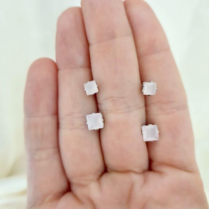 Brinco inox dupla zirconia quadrada rosa