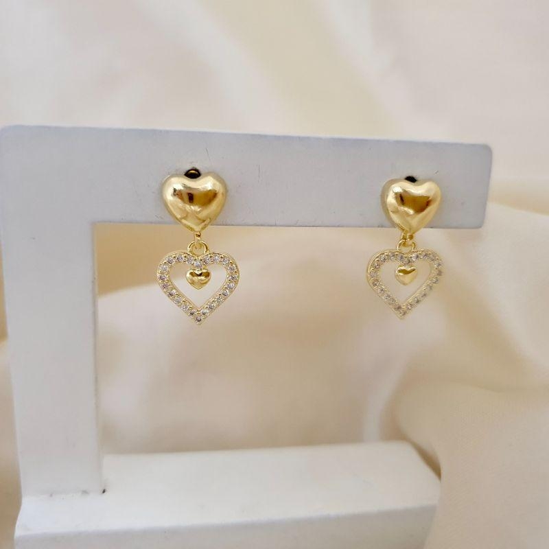 Brinco pingente coração cravejado zirconia