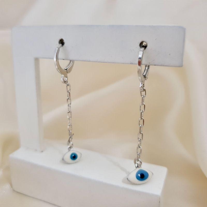 Brinco ródio argola com pingente corrente olho grego
