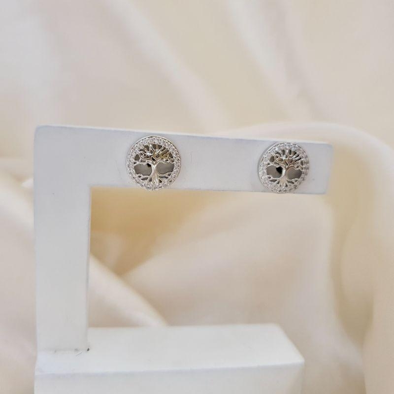 Brinco ródio árvore da vida contorno cravejado zirconia