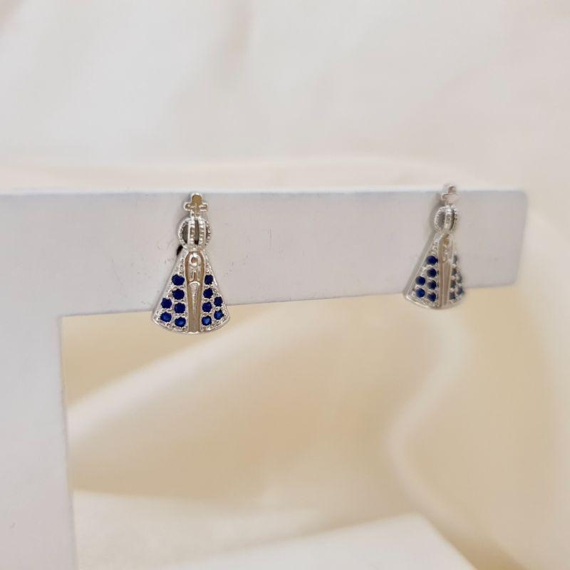 Brinco ródio Nossa Senhora zirconia azul