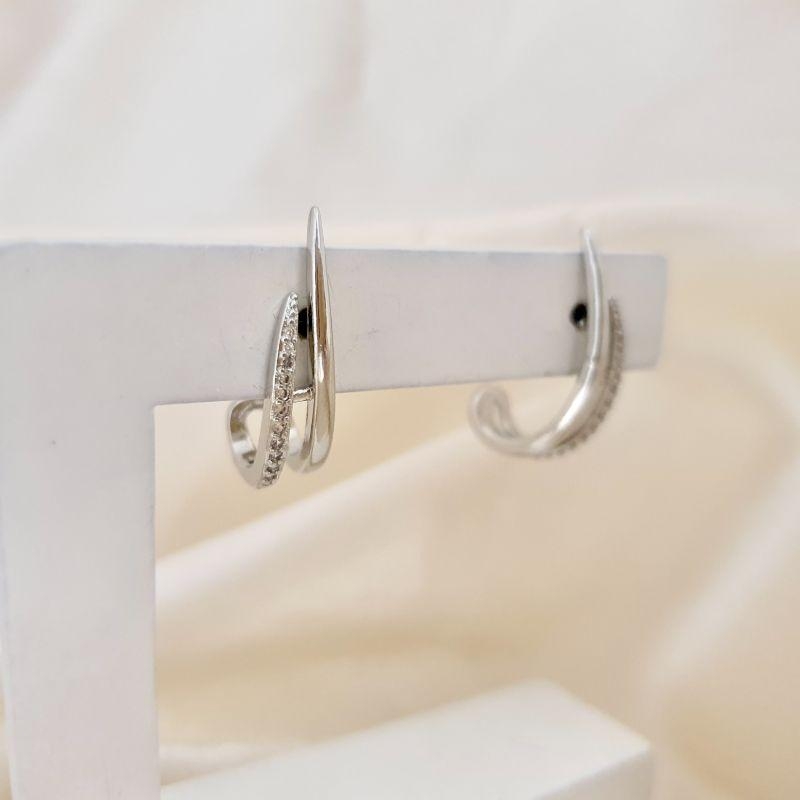Brincos ródio ear hook duplo aro cravejado zirconia