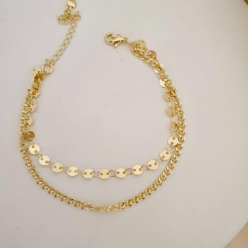 Pulseira dupla chapinha redonda e elo duplo mimoso