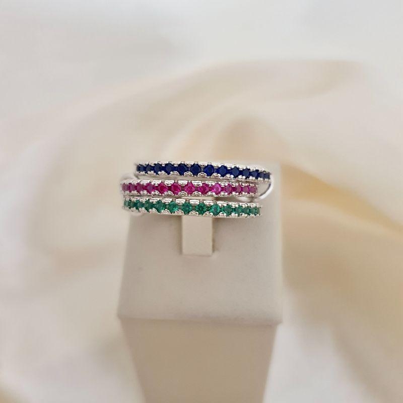Anel ródio triplo aparador zirconia verde, azul e rosa