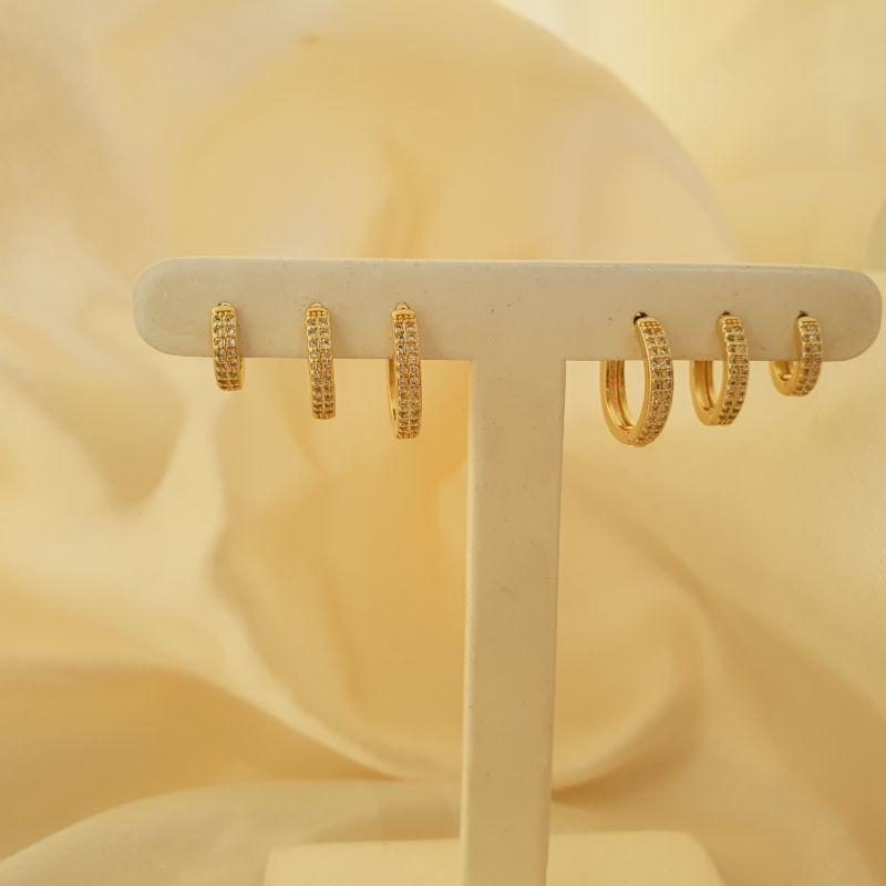 Brinco trio argola click 2 fileiras zirconia