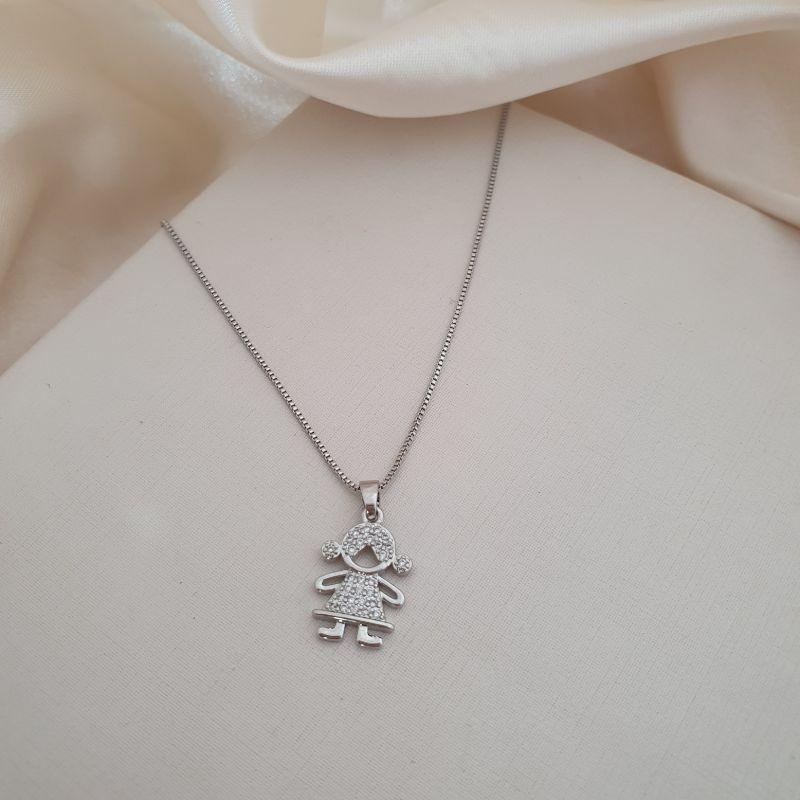Colar ródio pingente menina cravejada zirconia