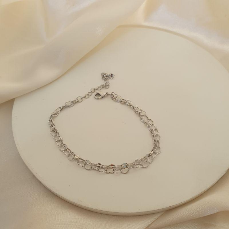 Pulseira ródio dupla elo achatado e elo oval