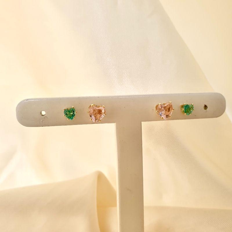Brinco dupla zirconia coração rosa e verde água