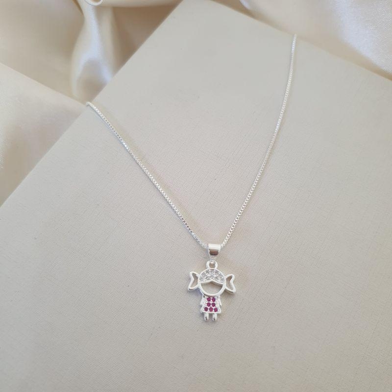 Colar prata pingente menina zirconia rosa